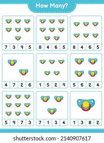Counting game, how many Pacifier. Educational children game, printable worksheet, vector illustration