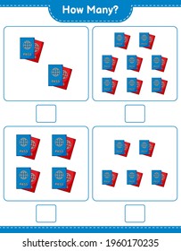 Counting game, how many Passport. Educational children game, printable worksheet, vector illustration
