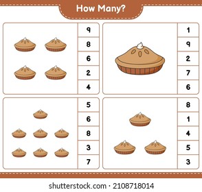 Counting game, how many Pie. Educational children game, printable worksheet, vector illustration