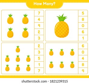 Contando el juego, cuántas piñas. Juego infantil educativo, hoja de cálculo imprimible, ilustración vectorial