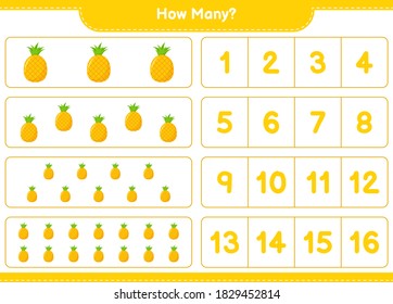 Counting game, how many Pineapple. Educational children game, printable worksheet, vector illustration