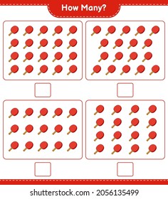 Zählspiel, wie viele Ping Pong Racket. Kinderspiel, druckbares Arbeitsblatt, Vektorgrafik