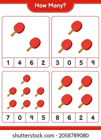 Juego de conteo, cuántos Ping Pong Racket. Juego infantil educativo, hoja de cálculo imprimible, ilustración vectorial