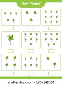 Counting game, how many Pinwheels. Educational children game, printable worksheet, vector illustration