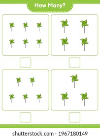 Counting game, how many Pinwheels. Educational children game, printable worksheet, vector illustration
