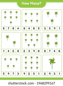 Counting game, how many Pinwheels. Educational children game, printable worksheet, vector illustration