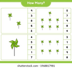 Counting game, how many Pinwheels. Educational children game, printable worksheet, vector illustration