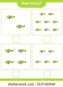 Counting game, how many Plane. Educational children game, printable worksheet, vector illustration