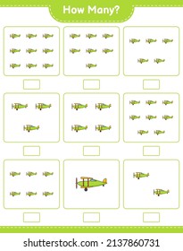 Counting Spiel, wie viele Plane. Kinderspiel, druckbares Arbeitsblatt, Vektorgrafik