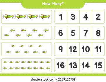 Counting game, how many Plane. Educational children game, printable worksheet, vector illustration