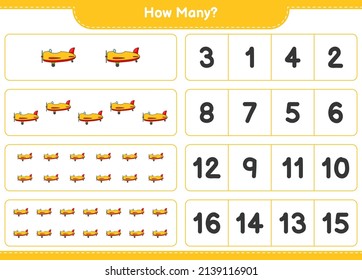 Counting game, how many Plane. Educational children game, printable worksheet, vector illustration