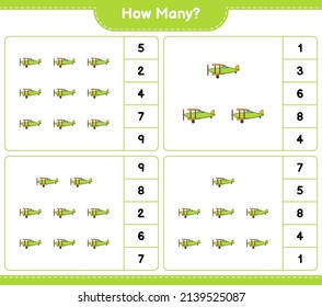 Counting game, how many Plane. Educational children game, printable worksheet, vector illustration