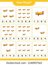 Contando el juego, cuántos aviones. Juego infantil educativo, hoja de cálculo imprimible, ilustración vectorial
