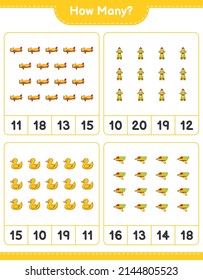 Counting-Spiel, wie viele Plane, Rocket, Rubber Duck und Water Gun. Kinderspiel, druckbares Arbeitsblatt, Vektorgrafik