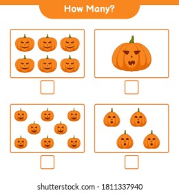 Counting game, how many pumpkins educational children game, printable worksheet, vector illustration