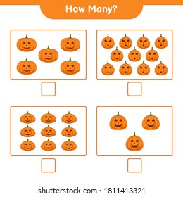 Counting game, how many pumpkins educational children game, printable worksheet, vector illustration