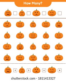 Juego de cuenta, cuántas calabazas educativa niños juego, hoja de cálculo imprimible, ilustración vectorial