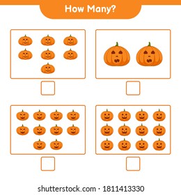 Counting game, how many pumpkins educational children game, printable worksheet, vector illustration