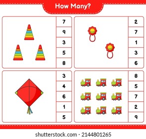 Counting game, how many Pyramid Toy, Baby Rattle, Kite, and Train. Educational children game, printable worksheet, vector illustration