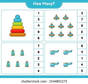 Counting game, how many Pyramid Toy, Whirligig Toy, Rocket, and Helicopter. Educational children game, printable worksheet, vector illustration