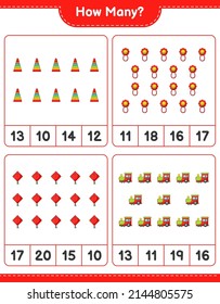 Counting game, how many Pyramid Toy, Baby Rattle, Kite, and Train. Educational children game, printable worksheet, vector illustration
