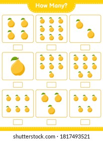 Counting game, how many Quince. Educational children game, printable worksheet, vector illustration