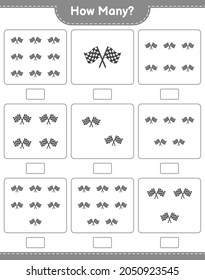 Counting Spiel, wie viele Racing Flags. Kinderspiel, druckbares Arbeitsblatt, Vektorgrafik