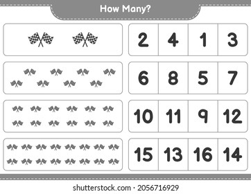 Counting game, how many Racing Flags. Educational children game, printable worksheet, vector illustration