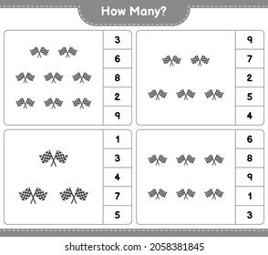 Counting game, how many Racing Flags. Educational children game, printable worksheet, vector illustration