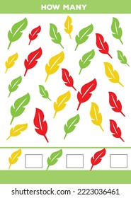 Counting game, how many red leaves, green leaves and yellow leaves are there. Educational children game, printable worksheet, vector illustration
