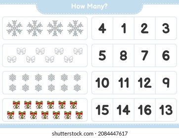 Counting game, how many Ribbon, Snowflake, and Gift Box. Educational children game, printable worksheet, vector illustration