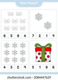 Counting game, how many Ribbon, Snowflake, and Gift Box. Educational children game, printable worksheet, vector illustration