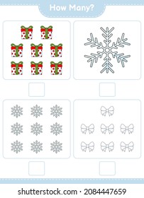 Counting game, how many Ribbon, Snowflake, and Gift Box. Educational children game, printable worksheet, vector illustration