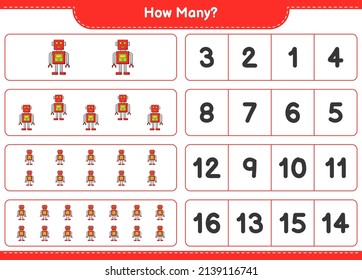 Counting game, how many Robot Character. Educational children game, printable worksheet, vector illustration