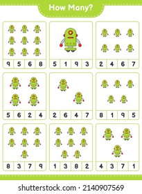Counting game, how many Robot Character. Educational children game, printable worksheet, vector illustration
