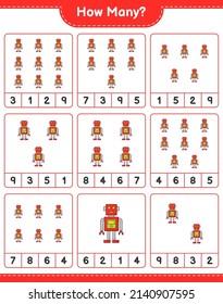 Counting game, how many Robot Character. Educational children game, printable worksheet, vector illustration