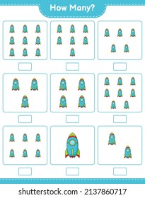 Counting game, how many Rocket. Educational children game, printable worksheet, vector illustration