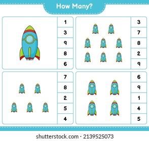 Counting game, how many Rocket. Educational children game, printable worksheet, vector illustration