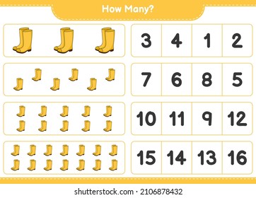 Counting game, how many Rubber Boots. Educational children game, printable worksheet, vector illustration