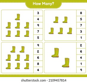 Counting game, how many Rubber Boots. Educational children game, printable worksheet, vector illustration