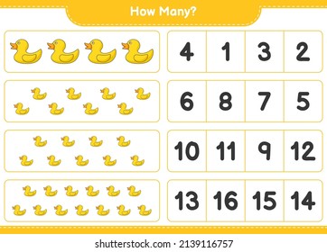 Counting game, how many Rubber Duck. Educational children game, printable worksheet, vector illustration