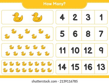 Counting game, how many Rubber Duck. Educational children game, printable worksheet, vector illustration