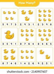 Counting game, how many Rubber Duck. Educational children game, printable worksheet, vector illustration