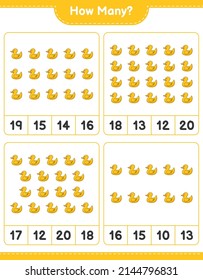 Counting game, how many Rubber Duck. Educational children game, printable worksheet, vector illustration