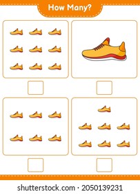Zählspiel, wie viele Running Shoes. Kinderspiel, druckbares Arbeitsblatt, Vektorgrafik