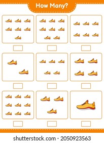 Contando el juego, cuántos zapatos de correr. Juego infantil educativo, hoja de cálculo imprimible, ilustración vectorial