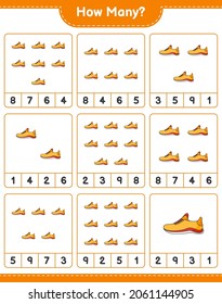 Counting game, how many Running Shoes. Educational children game, printable worksheet, vector illustration