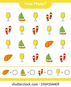 Counting game, how many Sailboat, Cocktail, Flip Flop, and Sea Shells. Educational children game, printable worksheet, vector illustration