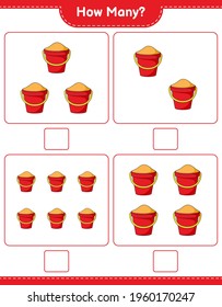 Contando el juego, cuántos Sand Bucket. Juego infantil educativo, hoja de cálculo imprimible, ilustración vectorial
