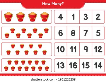 Contando el juego, cuántos Sand Bucket. Juego infantil educativo, hoja de cálculo imprimible, ilustración vectorial